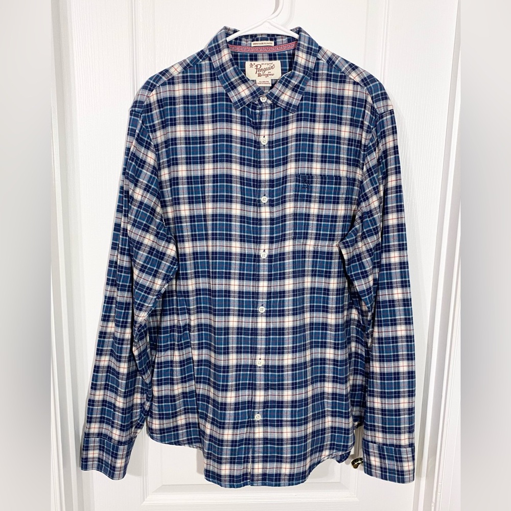 Original Penguin Heritage Slim Fit Plaid Flannel Button Down Shirt Blue Men’s XL